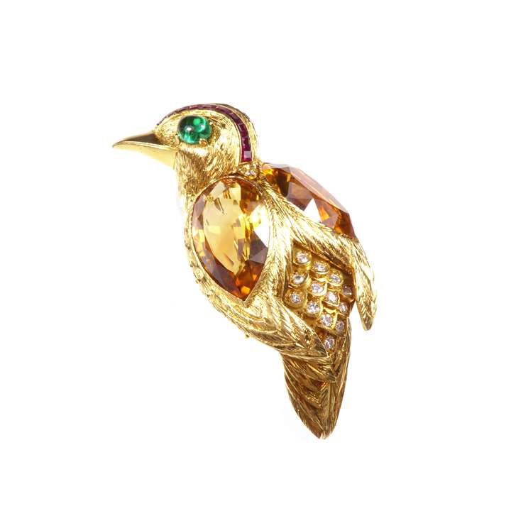 Mid-20th century gold, citrine, emerald, ruby and diamond bird brooch